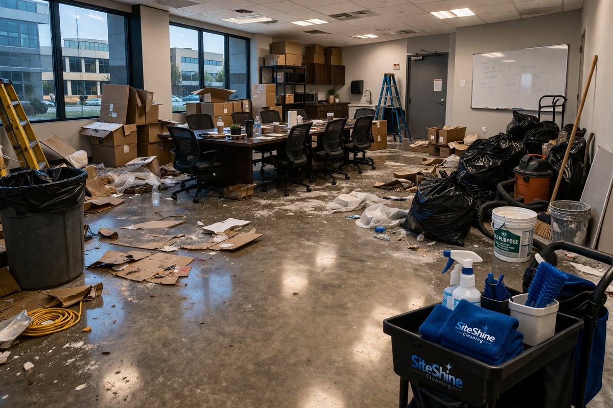 Flooded office space with water covering the floor, scattered debris, overturned furniture, and stacked items, showing water damage aftermath