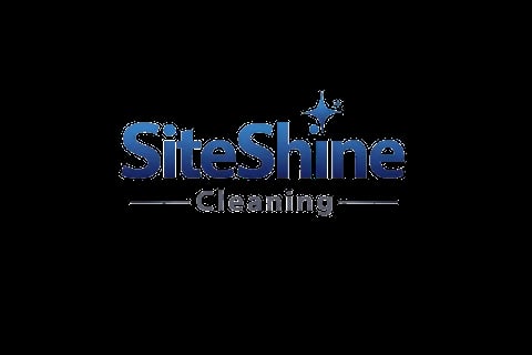 SiteShine Cleaning logo with blue text and a sparkle icon on black background