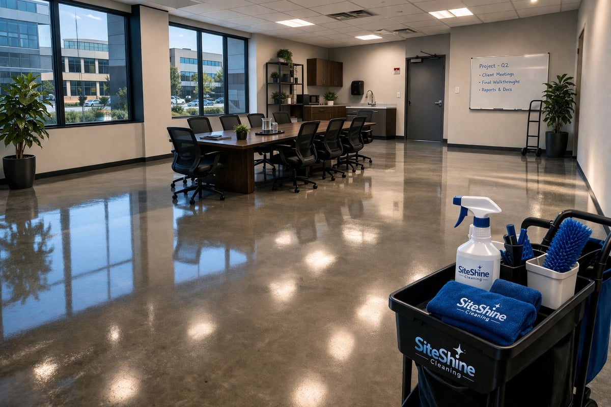 Commercial office space with polished concrete floors, cleaning supplies in foreground, conference table with chairs, windows overlooking city buildings