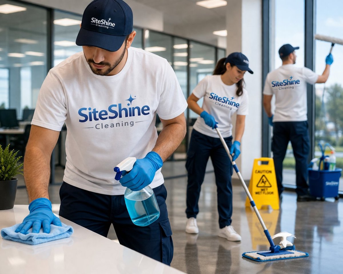 SiteShine cleaning team members in branded uniforms cleaning an office space with spray bottles and mops